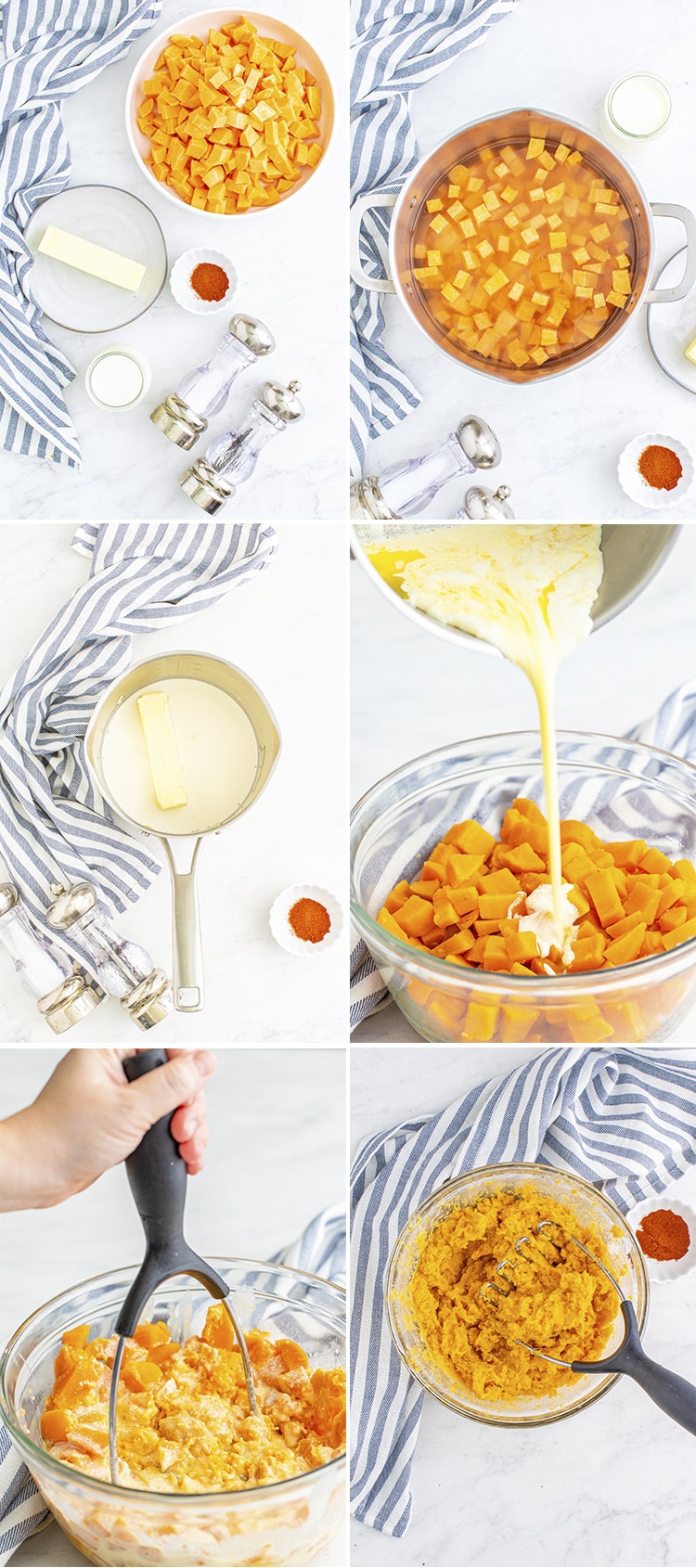 Step by step photos of how to make mashed sweet potatoes.