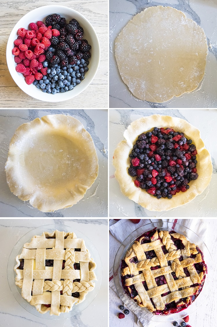 A collage of step by step images showing how to make a mixed berry pie.