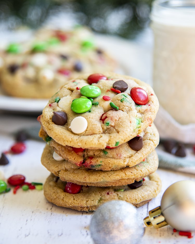 A stack of Christmas chocolate chip cookies.