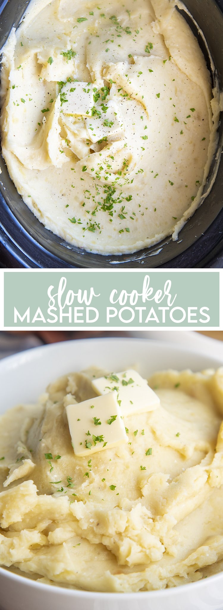 A collage of two photos of mashed potatoes made in the slow cooker. The first is the potatoes in the slow cooker.