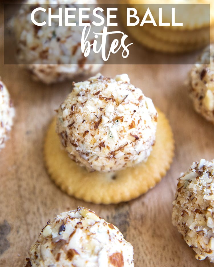 A collage of two phA mini cheese ball bite on a ritz cracker, with a text overlay for pinterest saying Cheese Ball Bites.