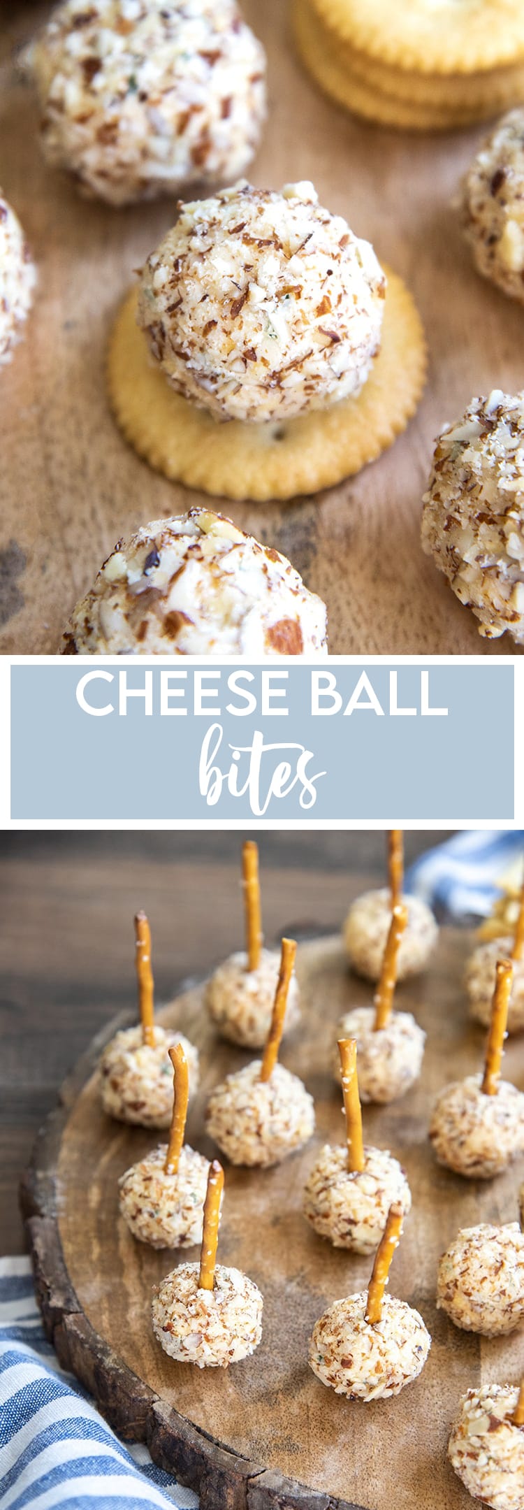 A collage of two images of mini cheese balls, with a blue text block in the middle that says cheese ball bites.