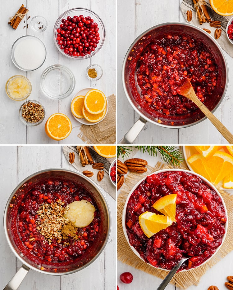 A collage of 4 images showing the step by step process to make cranberry orange sauce.