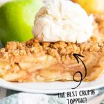 A piece of dutch apple pie with ice cream on top.