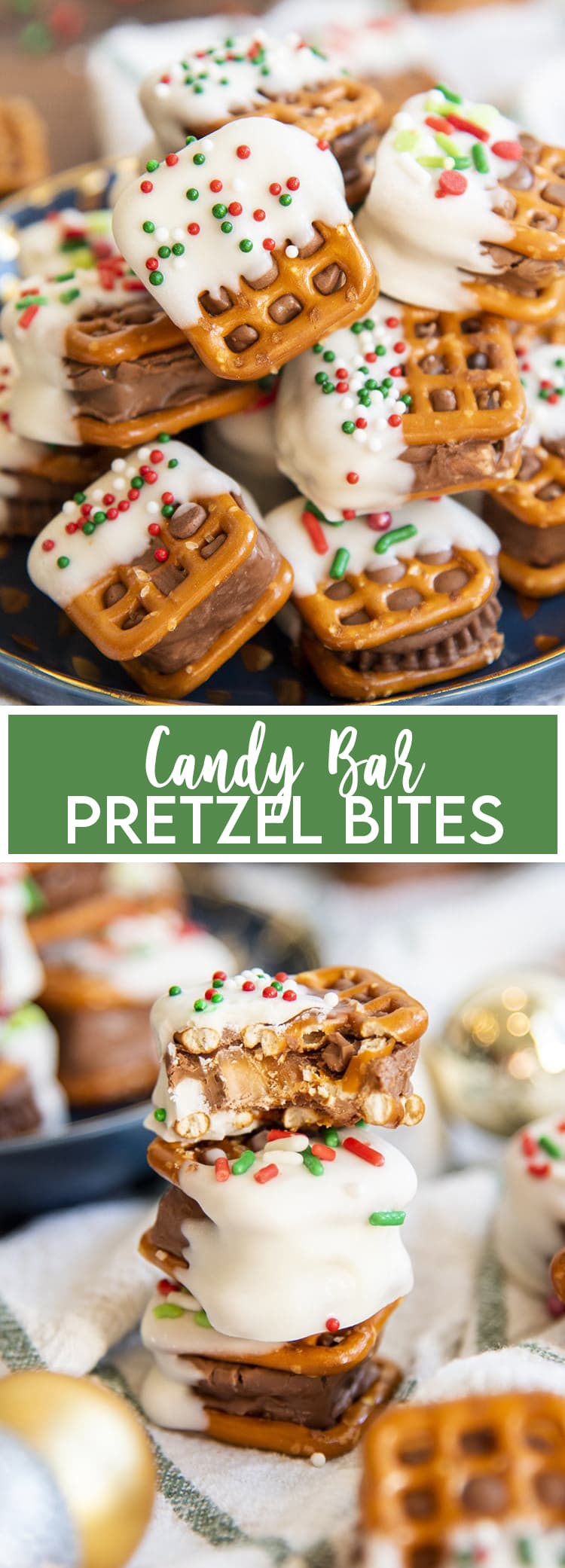 A collage of two photos of square pretzels with a candy bar melted in the middle. There is a text layer in the middle that says Candy Bar Pretzel Bites.