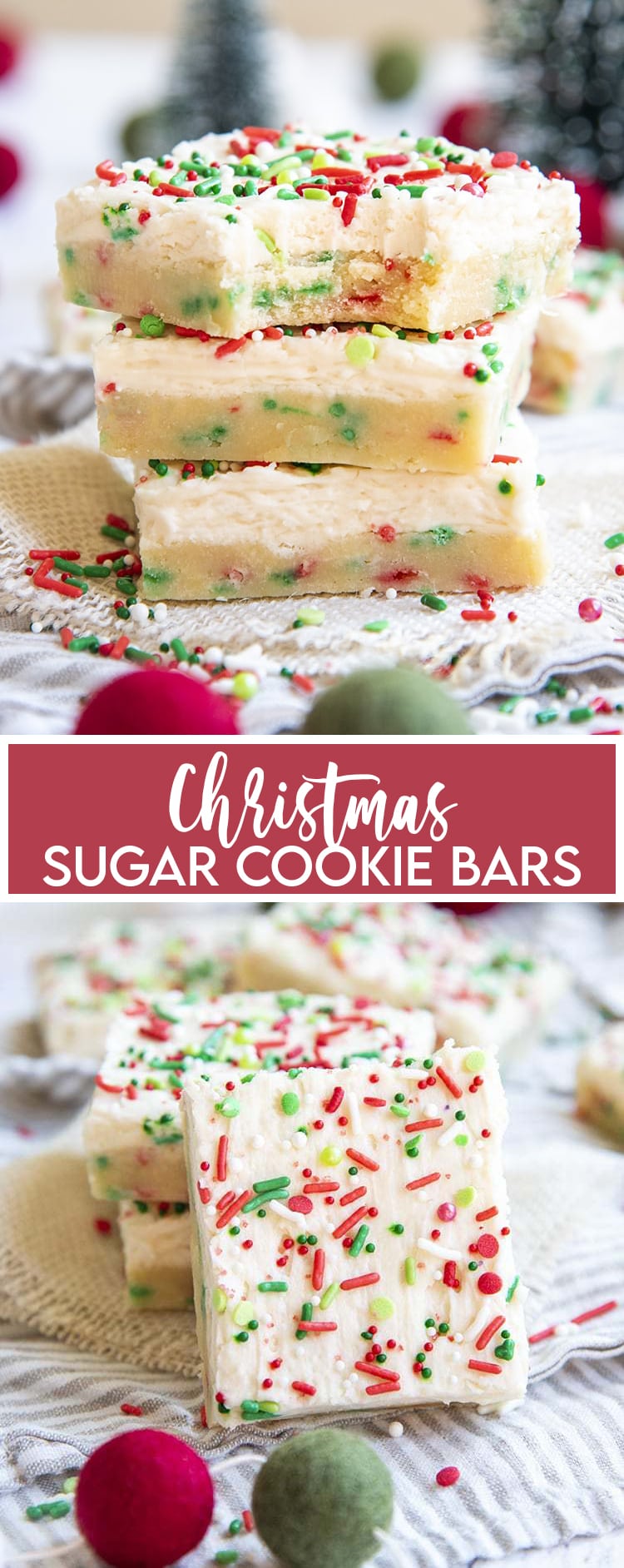 A collage of two photos of Christmas sugar cookie bars with frosting, and Christmas colored sprinkles on top.
