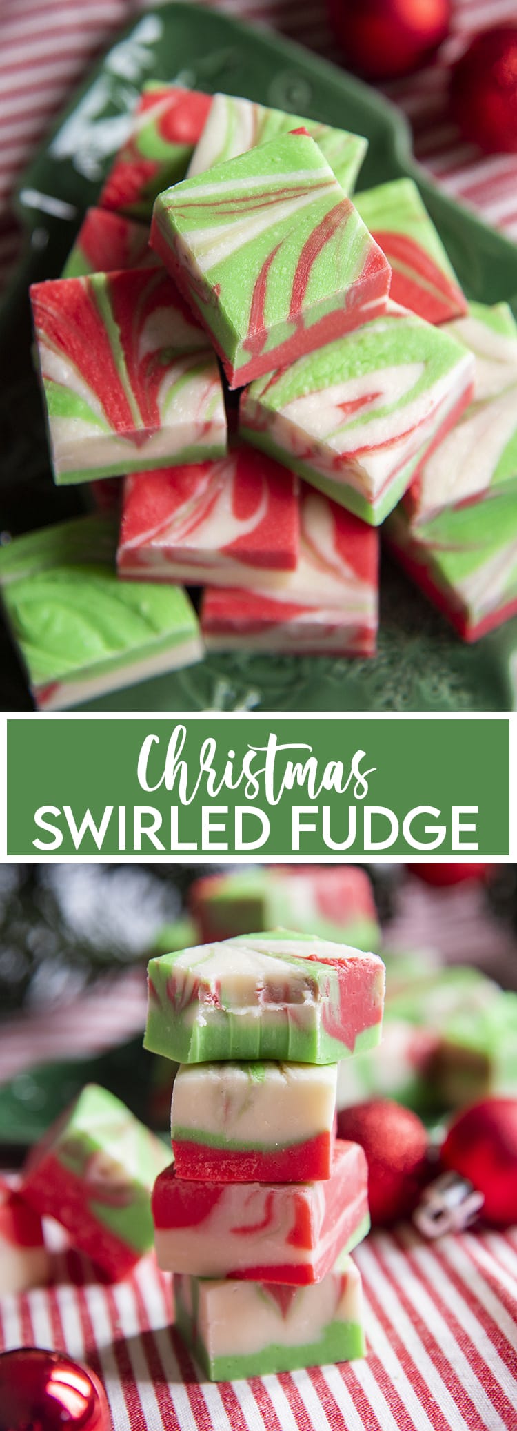 A collage of two photos of Christmas swirled fudge, with red, green, and white swirls. 