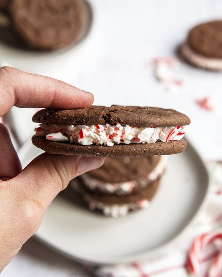 A person holding a chocolate sandwich cookie with peppermint frosting in the middle.