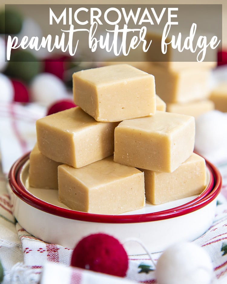 A small plate with a stack of peanut butter fudge in a pile. There is a text overlay that says Microwave Peanut Butter Fudge.