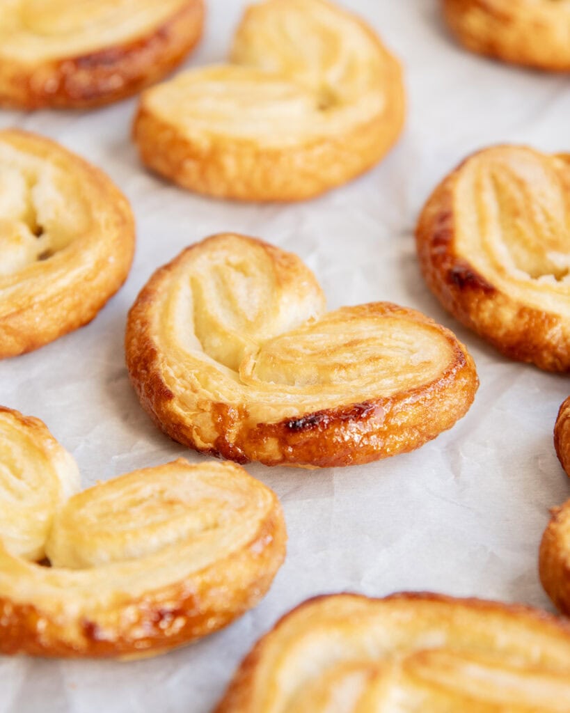 Puff Pastry Palmiers on a piece of parchment paper. 