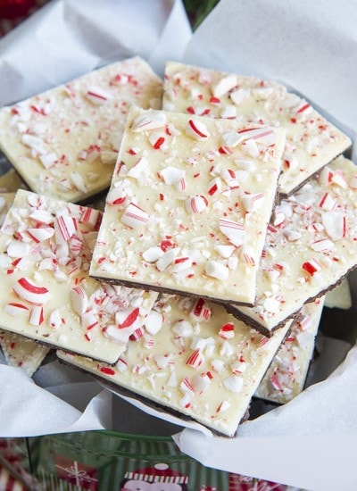 A pile of peppermint bark in a tin.