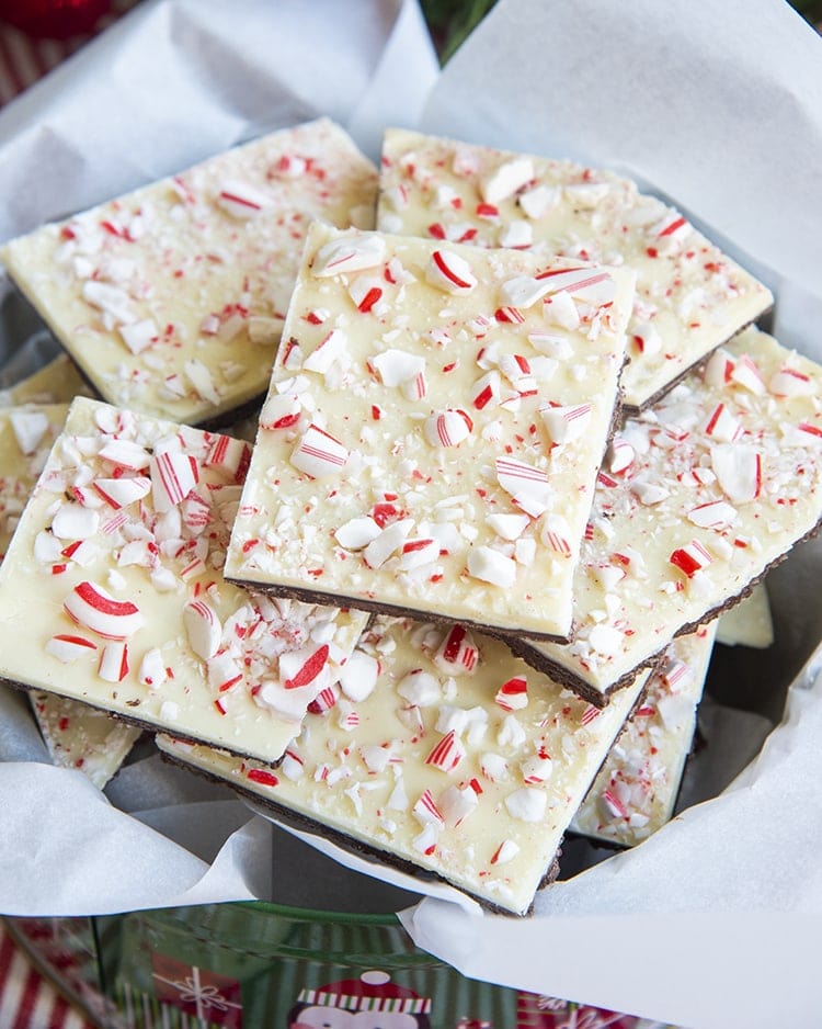 A pile of peppermint bark in a tin.