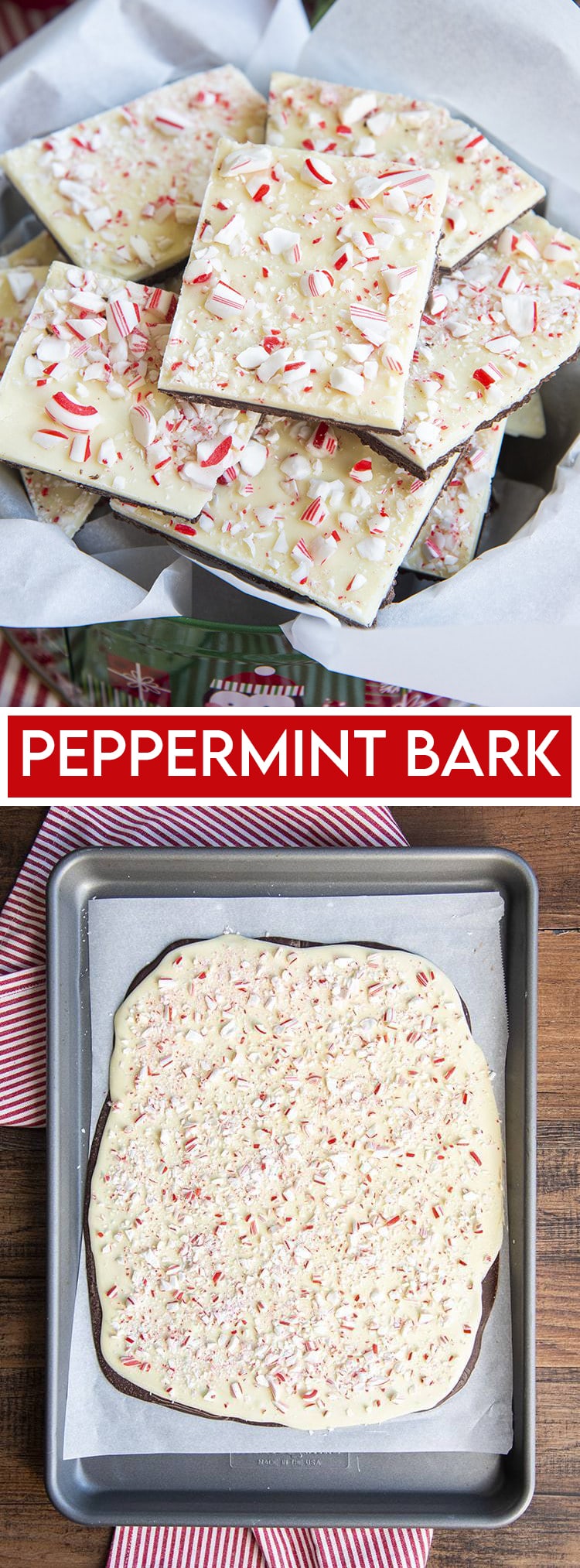 A collage of two photos of peppermint bark with a text layer in the middle that says Peppermint Bark.