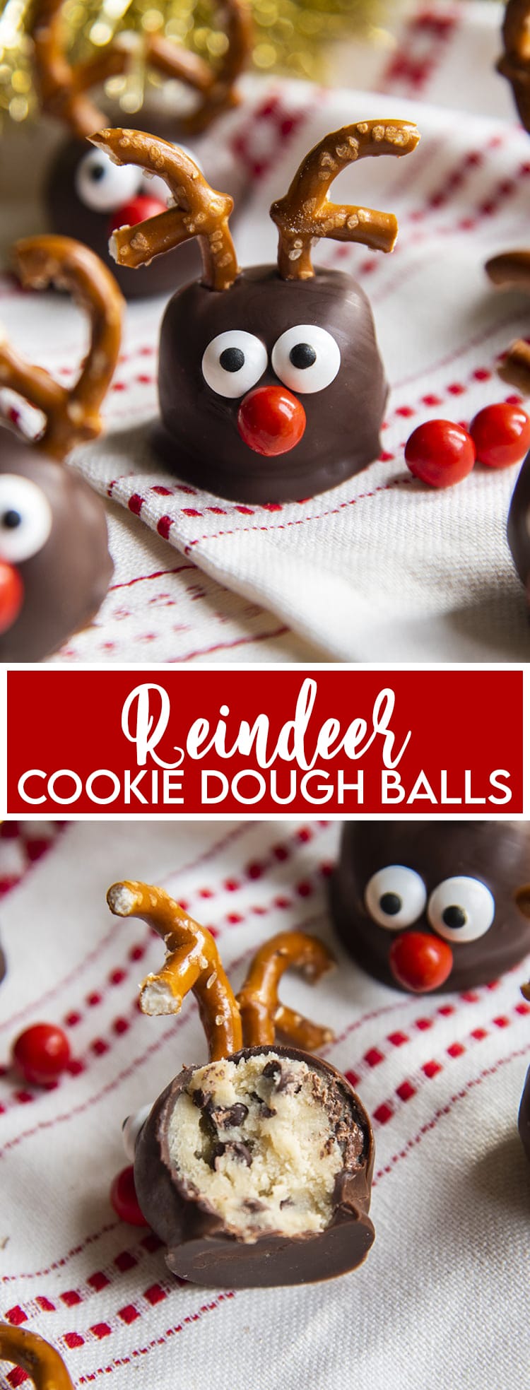 A collage of two photos of cookie dough balls decorated like reindeer. 