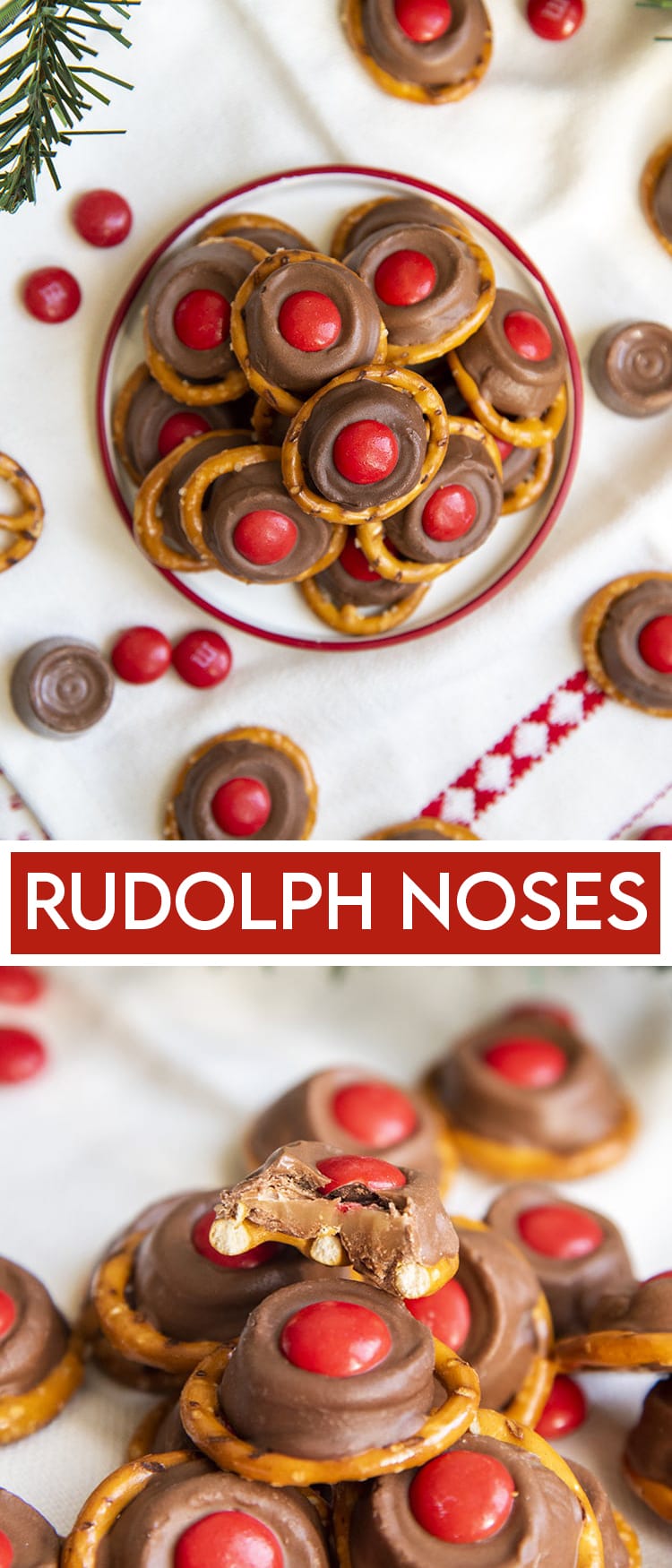 A collage of two photos of reindeer pretzels with red m&ms and a text block in the middle that says Rudolph Noses.