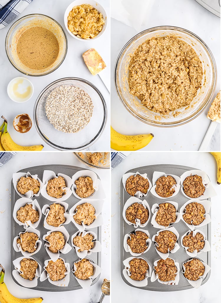 A collage of steps to create banana cinnamon oatmeal muffins.