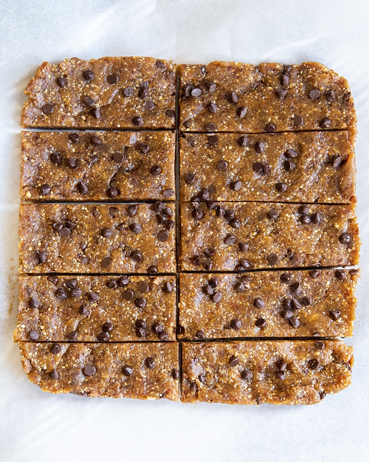 A close up of segmented peanut butter chocolate chip larabar copycats.