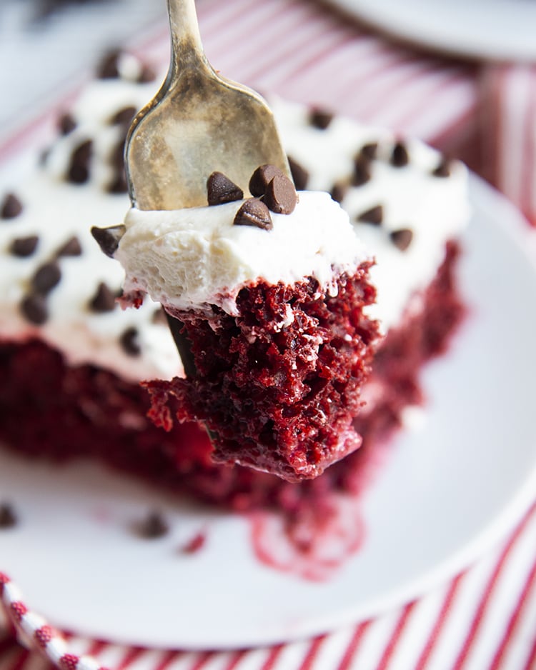 Close-up of a red velvet poke cake with whipped cream and mini chocolate chips.