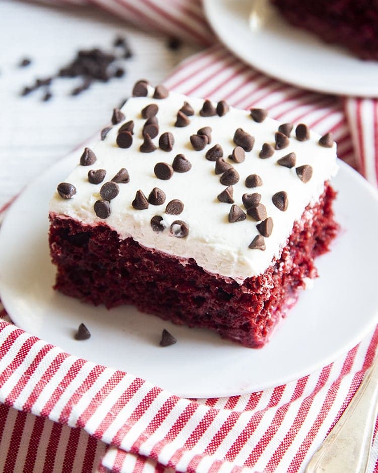 A square piece of red cake topped with a white cream cheese frosting, and topped with mini chocolate chips.