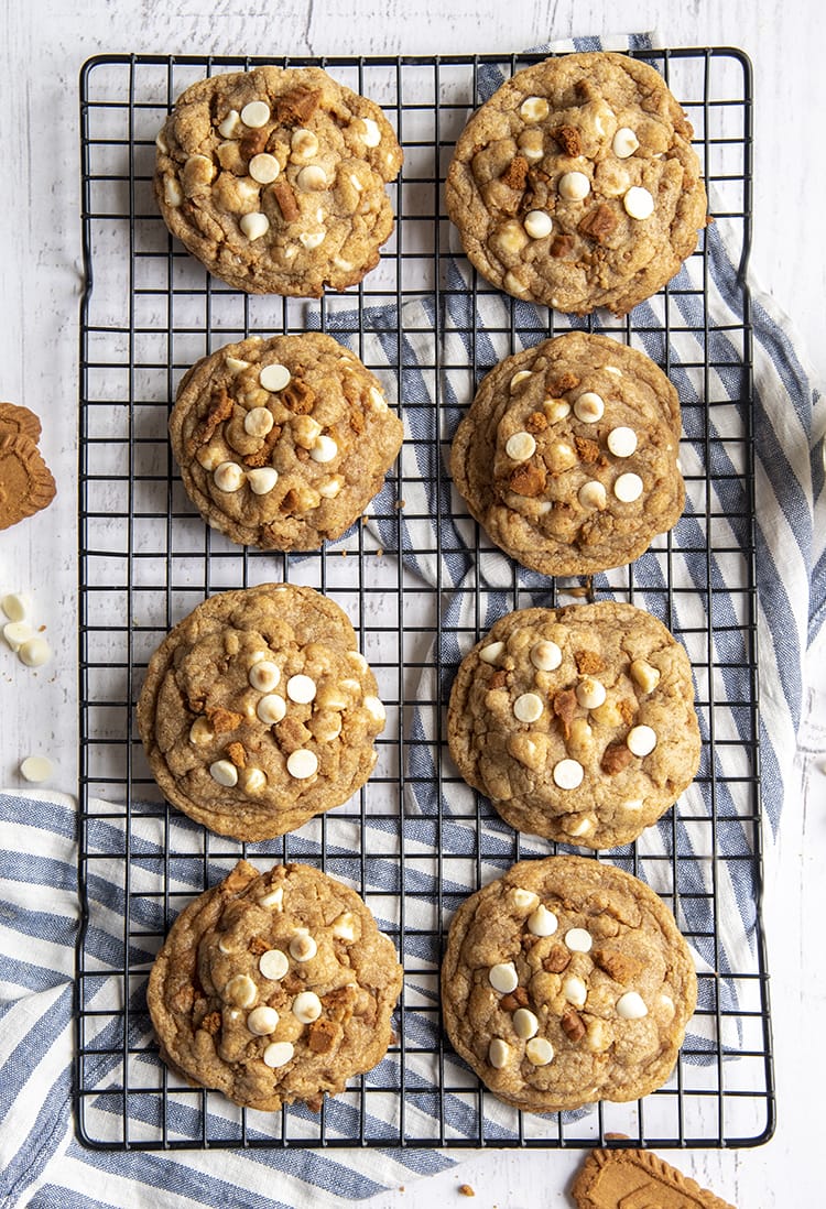 There are 8 big cookies on a cooling rack. The cookies are topped with white chocolate chips, and tiny broken pieces of Biscoff Cookie.