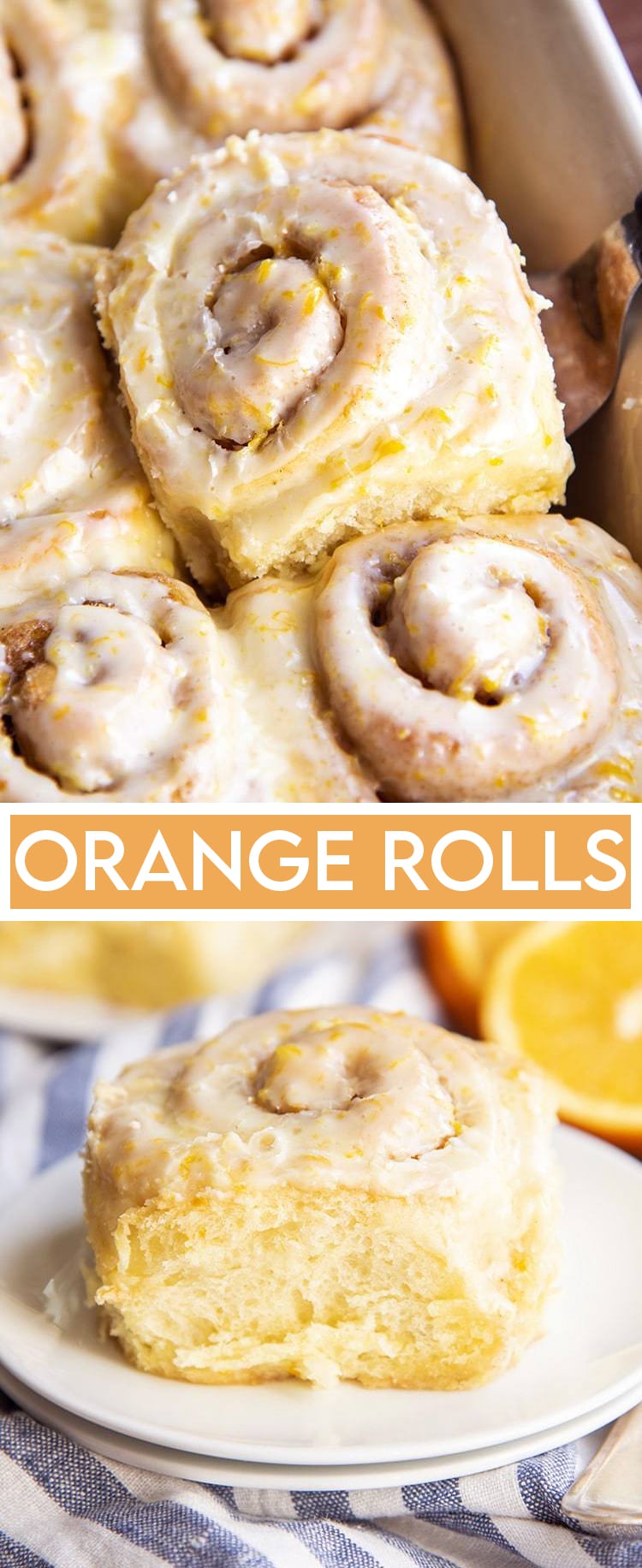 An orange sweet roll being pulled out of a baking pan with a spatula underneath