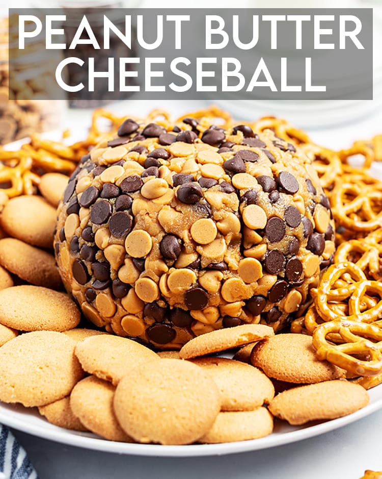 A close up of a peanut butter cheese ball with pretzels and vanilla wafers for dipping.