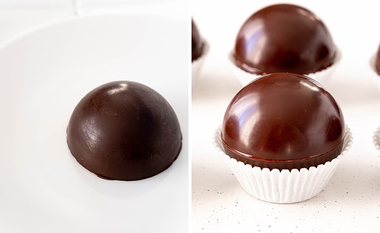 A collage of two photos side by side showing how to put together two halves of a hot chocolate bomb.