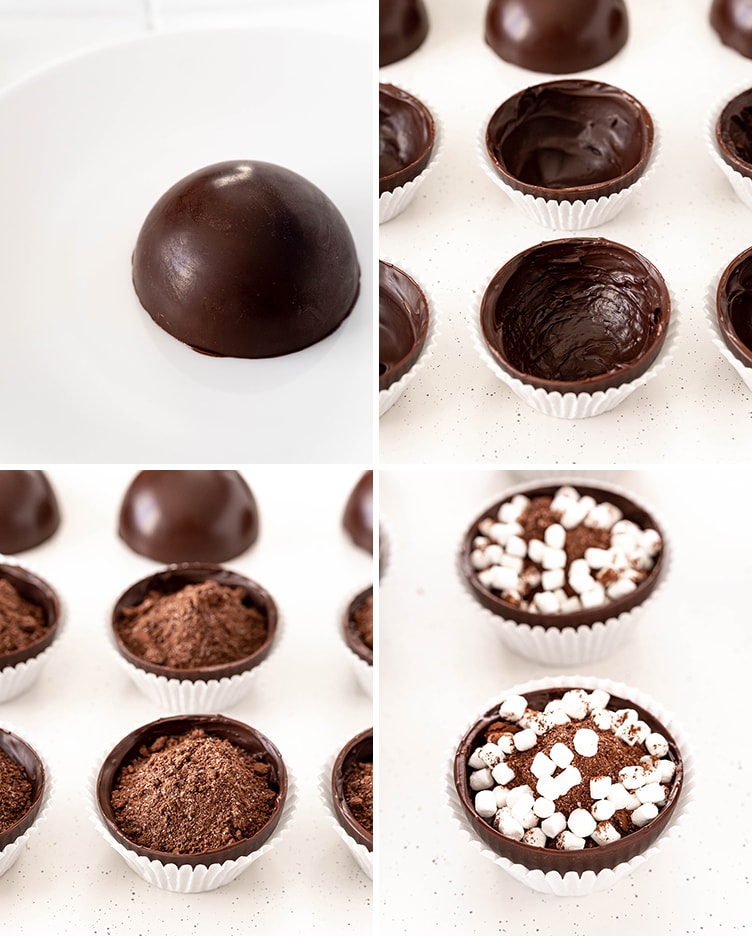 A collage of four images showing how to assemble hot chocolate bombs.