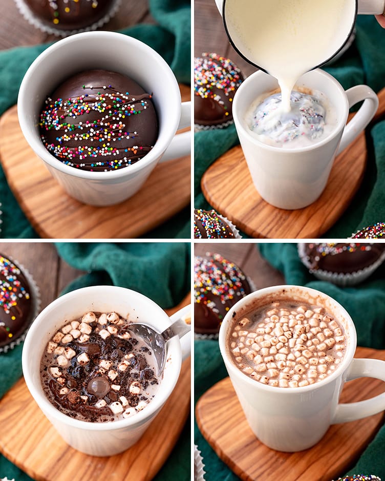 A collage of four photos showing how to make cocoa with a hot chocolate bomb.
