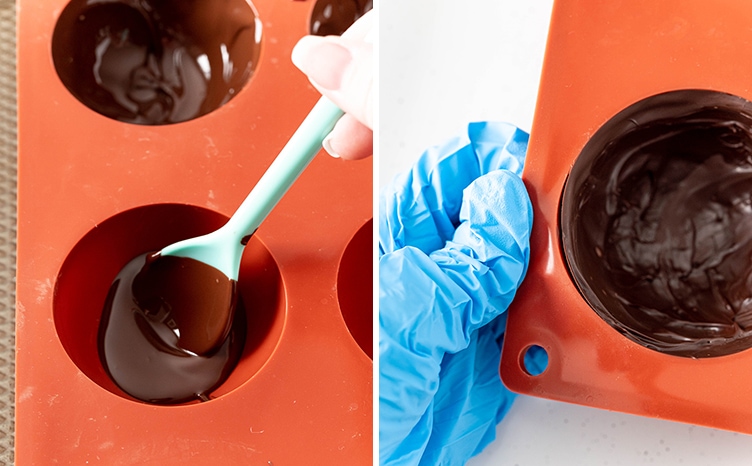 Step by step images showing how to make hot chocolate bombs in a mold. 