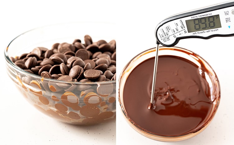 Two photos of how to temper chocolate, chocolate chips in a clear bowl, and melted chocolate with a thermometer in it showing 89.8 degrees F.