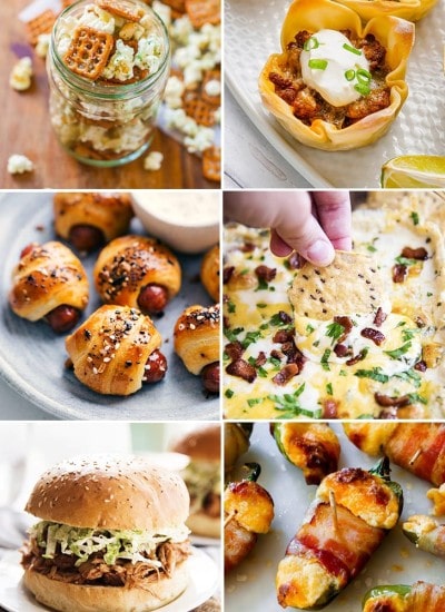 A collage of appetizers perfect for watching any game. There is a ranch popcorn mix, taco cups, pigs in a blanket, cheesy bacon dip with a chip dipping in, a pulled pork sandwich on a plate, and bacon wrapped cheesy jalapenos.