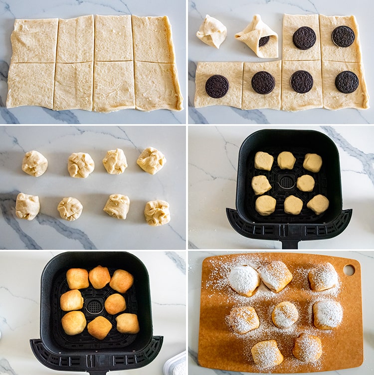 Six step by step photos showing how to make air fried Oreos.