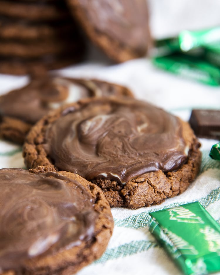 Chocolate cookies on a white and green cloth. 