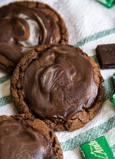 Chocolate cookies with an Andes mint ganache on top.
