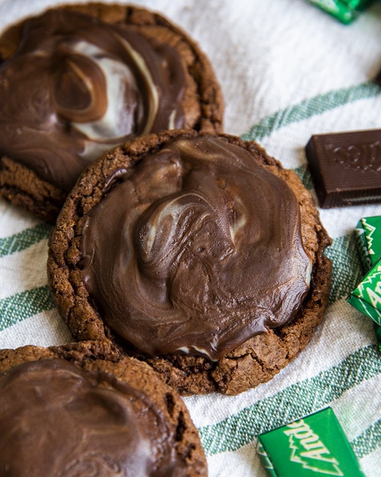 Chocolate cookies with an Andes mint ganache on top.
