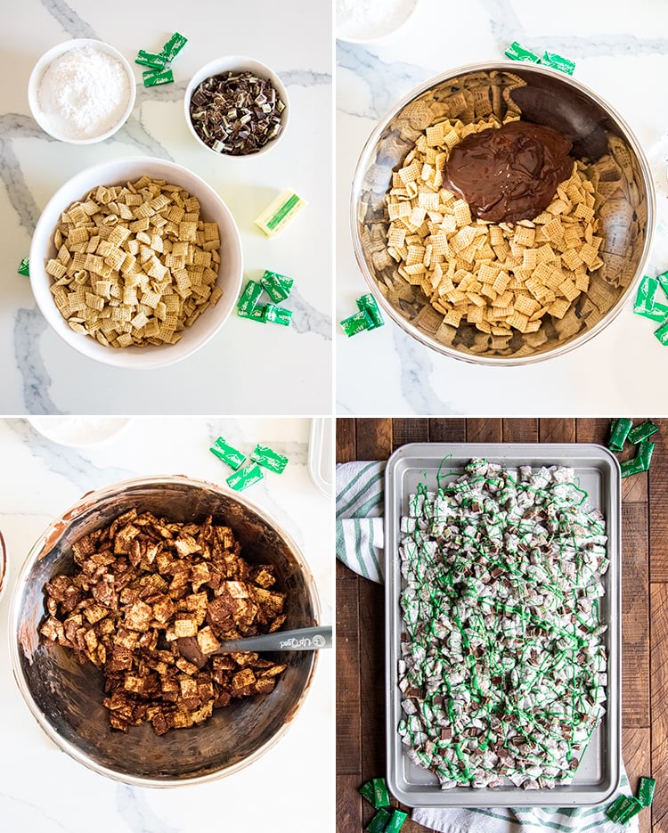 Step by step photos showing how to make mint muddy buddies. Showing the ingredients in the first photo, powdered sugar, chopped up Andes Mints, butter, and Chex cereal.