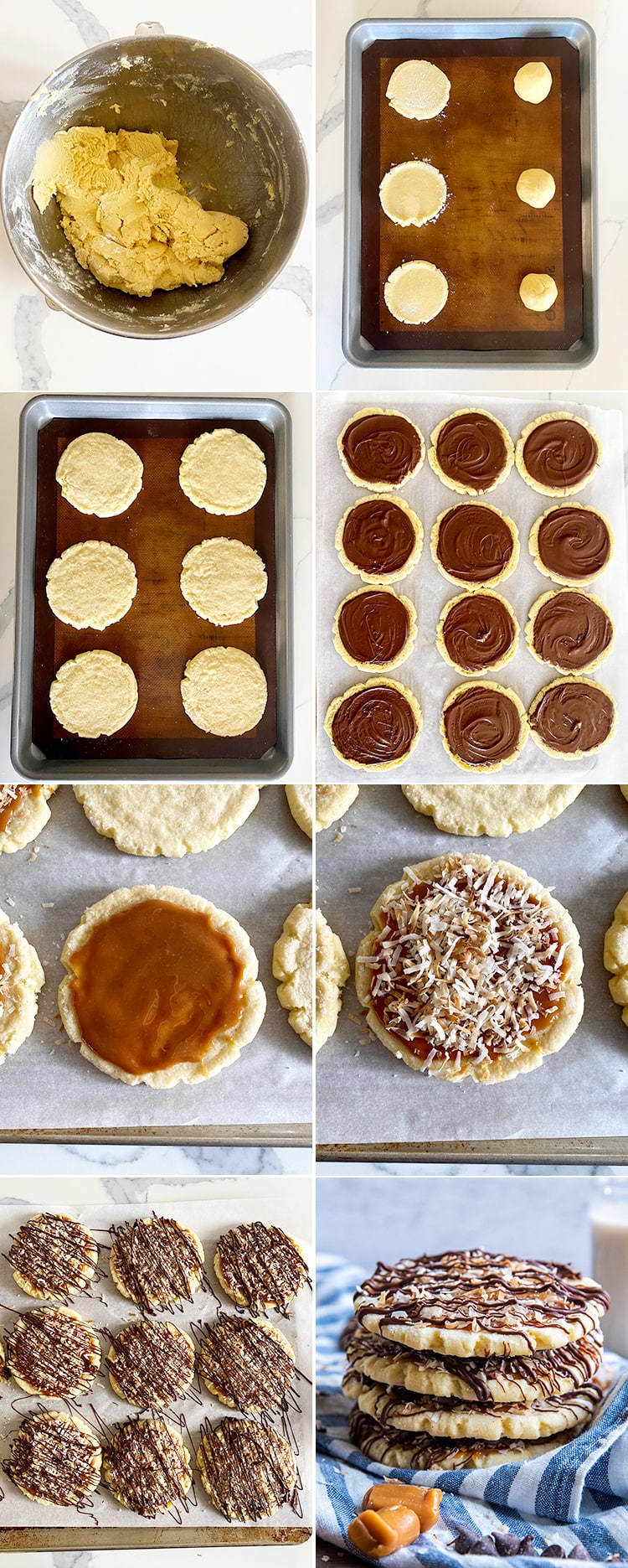 A collage of images showing the steps of how to make and decorate samoa styled sugar cookies.