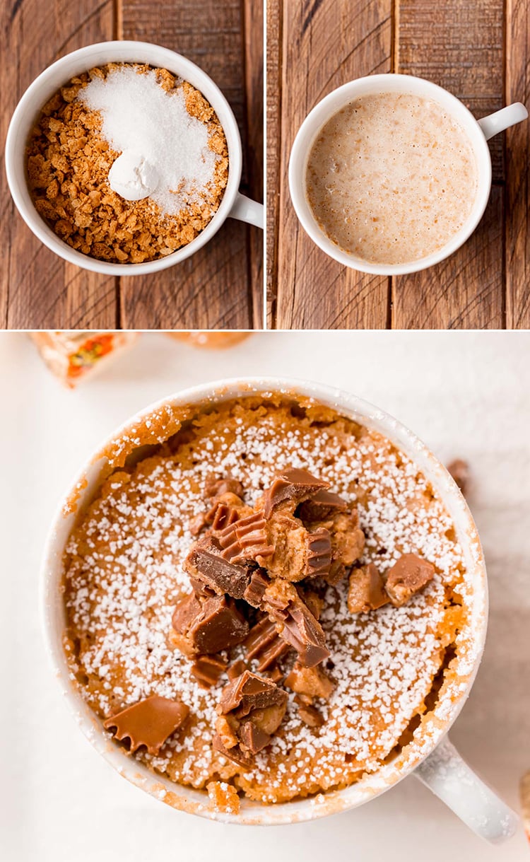 Step by step photos showing how to make a nutter butter mug cake, the first photo is the nutter butter crumbs, with sugar and baking powder, the second is with milk mixed in. The last photo is an overhead shot of the finished mug cake.