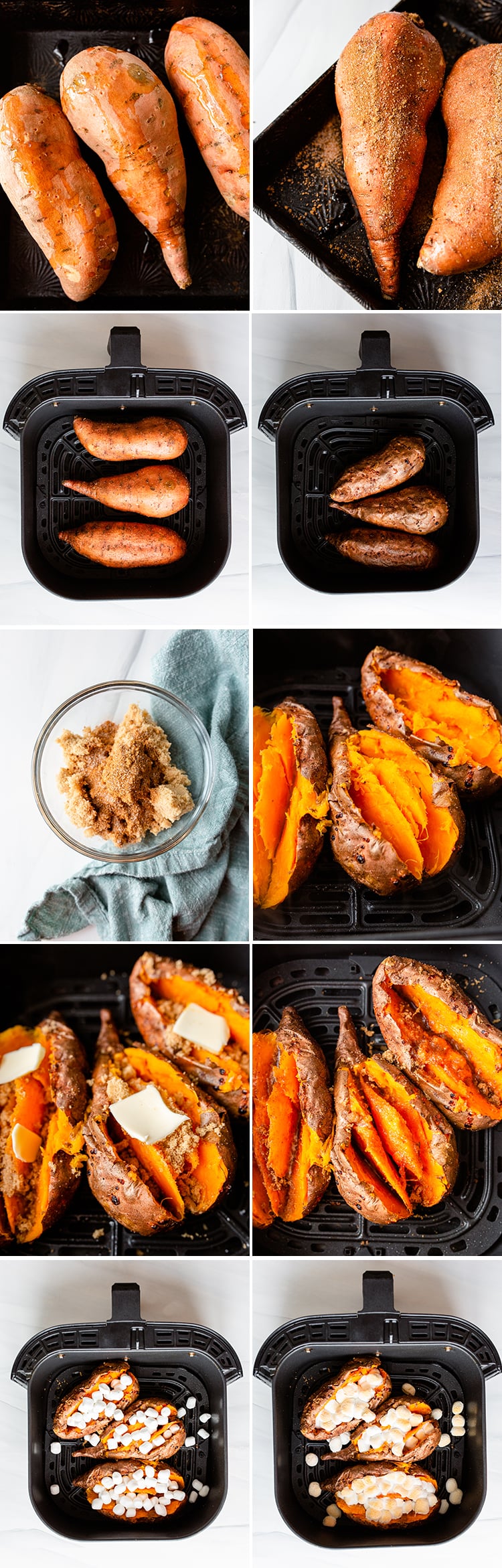 Step by step photos showing how to make twice baked sweet potatoes in the air fryer.