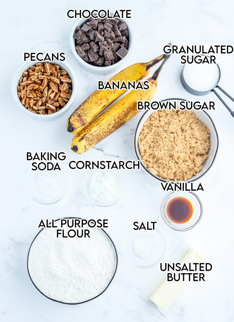 The ingredients needed to make brown butter banana chocolate chip cookies.