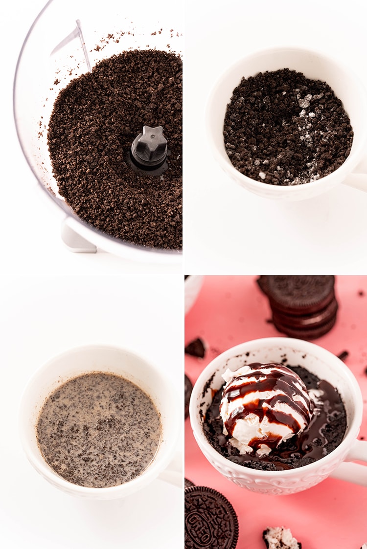 A collage of 4 images showing how to make an Oreo mug cake. 