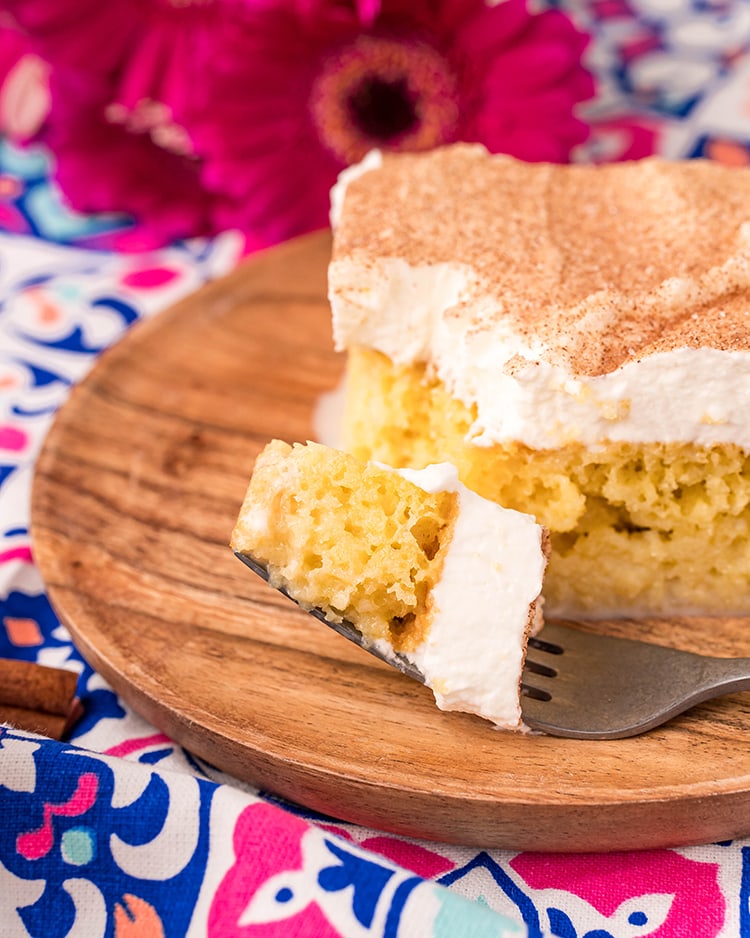 A piece of sponge cake with whipped cream on top, and cinnamon sugar, with a bite of the cake on a fork alongside it.