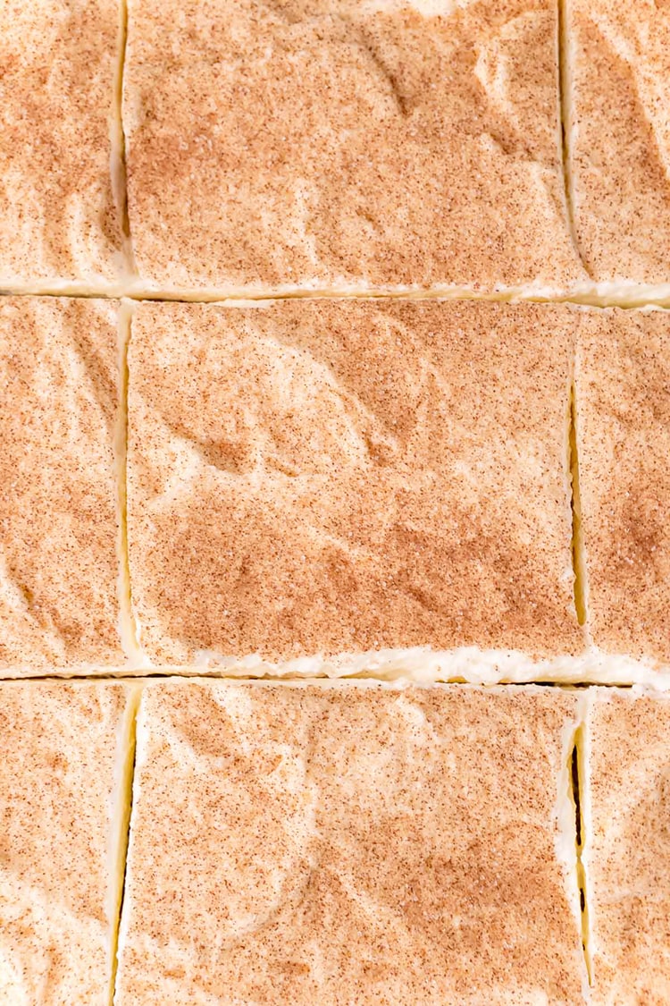 An overhead shot of tres leches cake, just showing the whipped cream and cinnamon sugar, cut into pieces.