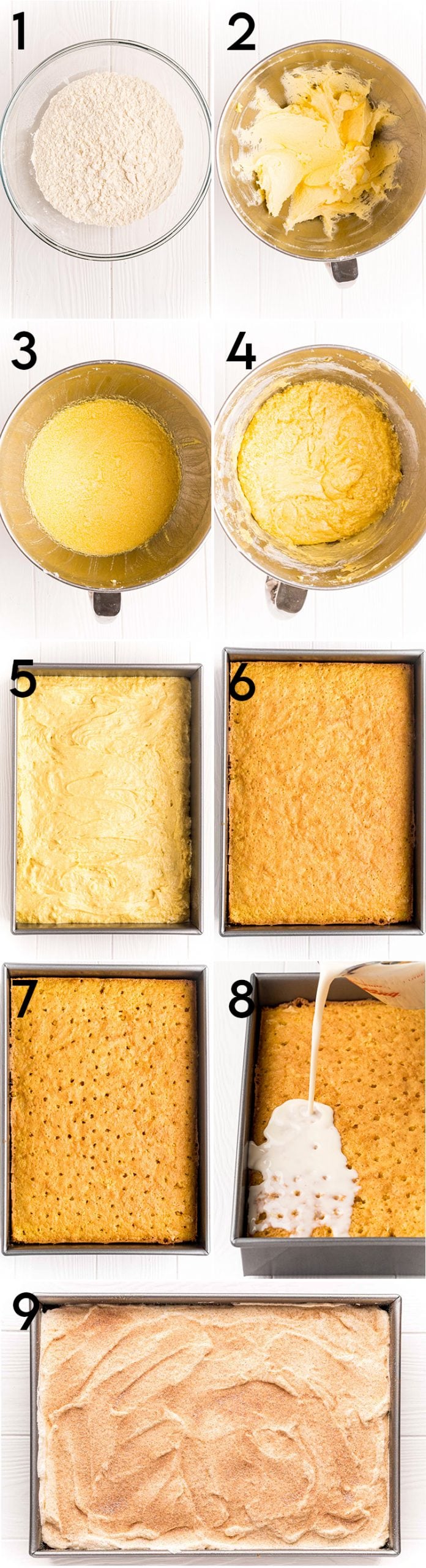 A collage of 9 step by step photos showing how to make tres leches cake, sifting the flour, creaming the butter, adding the eggs, adding the flour, pouring the batter into the pan, baking the cake, poking the top of the cake, pouring the milk over the top, adding the whipped cream.