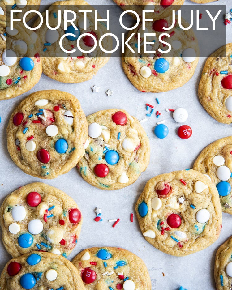 Red, White, and Blue Cookies with red, white, and blue m&ms and white chocolate chips, and sprinkles, with text overlay for pinterest.