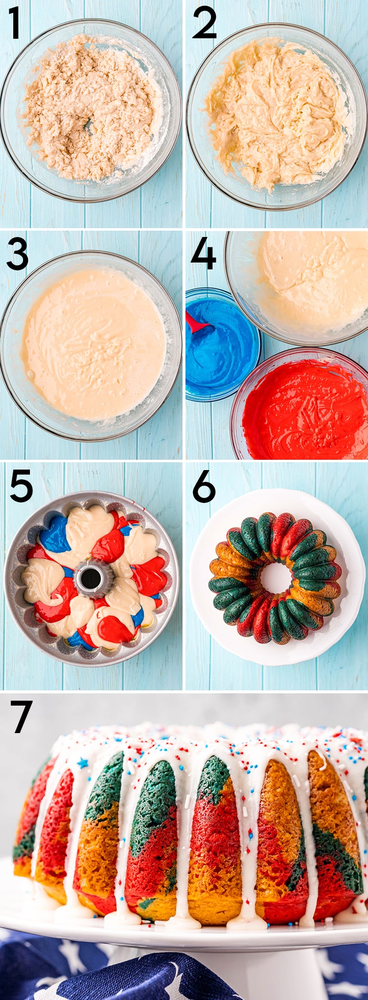 Step by step photos showing how to make a red white and blue bundt cake.
