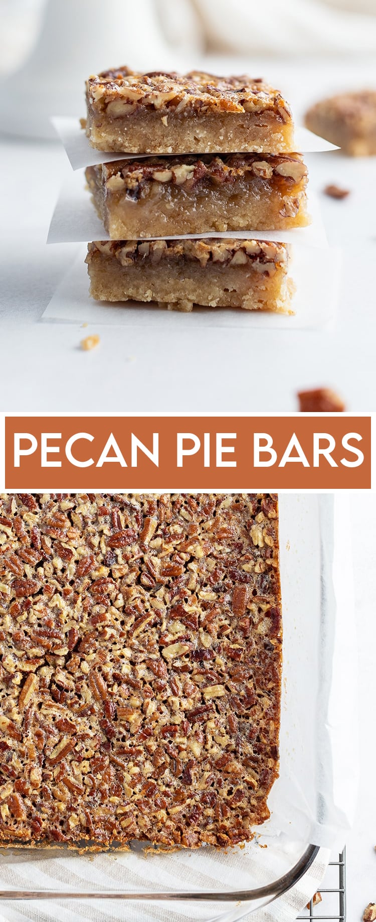 A collage of two photos of pecan pie bars. The first is a stack of three bars. The second photo is the bars in a baking pan.