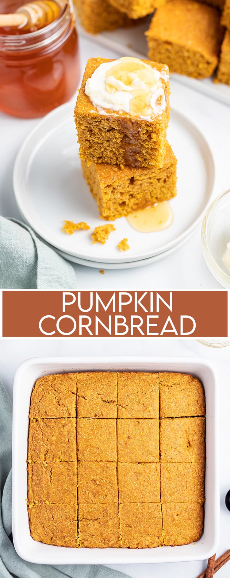 A collage of pumpkin cornbread with honey with text overlay saying Pumpkin Cornbread.