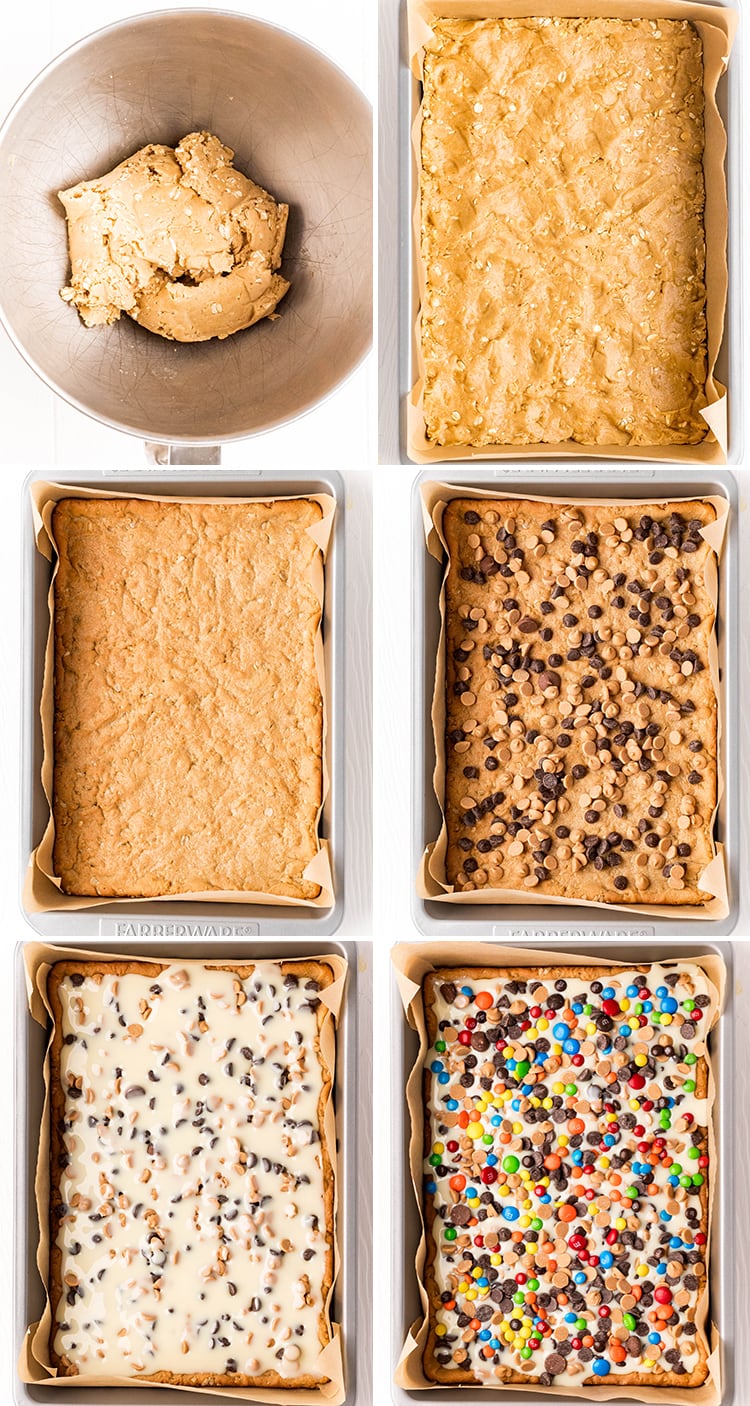 Six step by step photos showing how to make monster cookie magic bars.